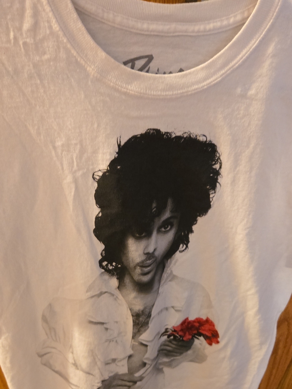 White Graphic Tee with Black Portrait and Red Rose - Picture 3 of 4